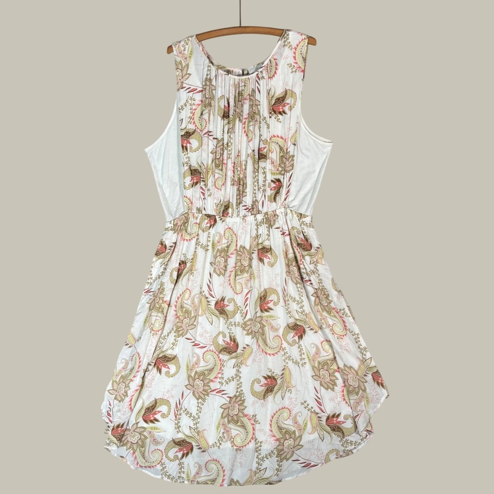 J. Jill‎ Paisley Floral Sleeveless Midi Dress XL White Pink Green Rayon Bohemian